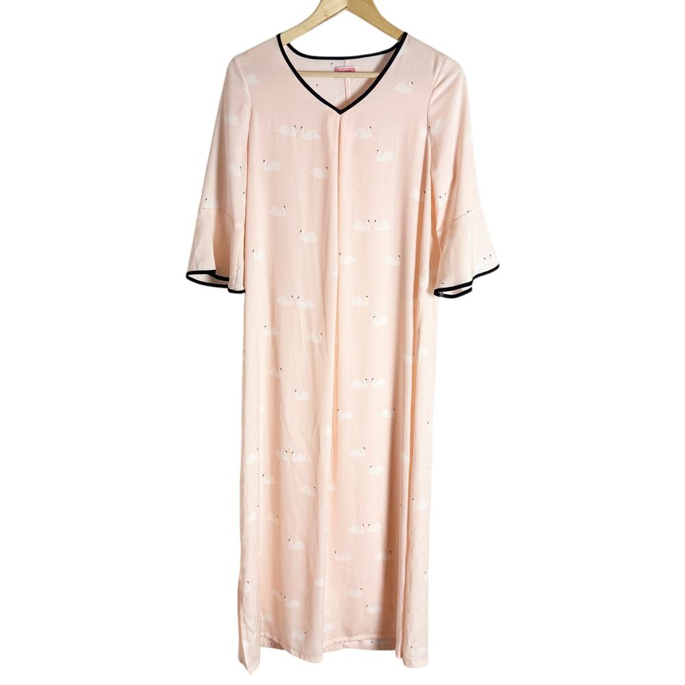 Kate Spade New York Pink Swan Print Sheer Caftan Nightgown Lounge Dress Size M